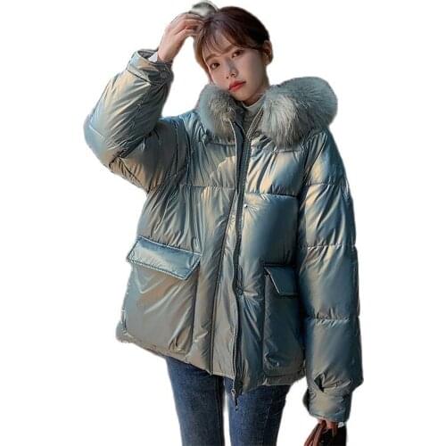 Women Winter Hooded Faux Fur Collar Short Windproof Glossy Coat Puffer Jacket Cotton Padded Parkas Outwear Overcoat