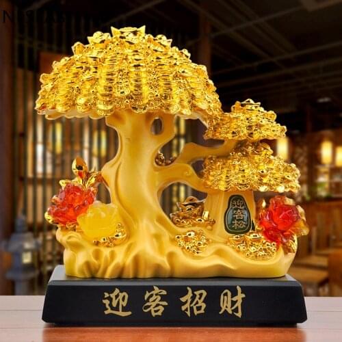 Golden Lucky Money Tree Chinese Style Resin Statue Home Decor Study Porchornament Living Room Decorations Birthday Present