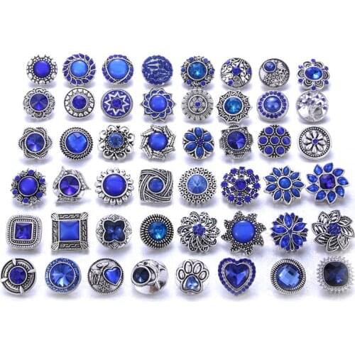 10pcs/lot Wholesale Snap Jewelry Mixed Darkblue Rhinestone Flower Metal Charms 18mm 20mm Snap Button Jewelry for Snaps Bracelet