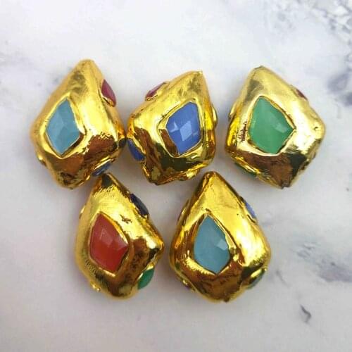 5pcs Colourful Natural Quartz Water Drop Shape Gold Plated Loose Beads Indian Elegant Noble Style Making Necklace Women Men Y