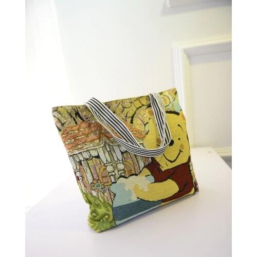 Disney Mickey Minnie Stitch Winnie Wallet One Shoulder Cartoon LargeCapacity Shopping Bag Needle Embroidered Canvas Lady Handbag