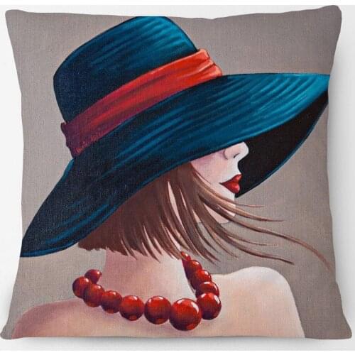 Hand Painting Elegant Lady Woman With Hat Cushion Cover Fashion Portrait Pillow Case