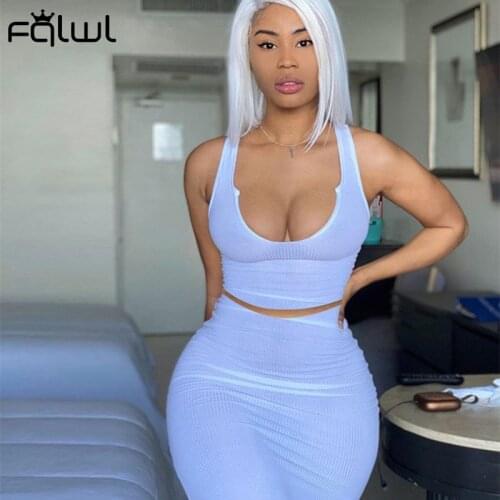 FQLWL Summer Streetwear Soild Bodycon 2 Two Piece Sets Women Skirt Sleeveless Crop Top Midi Skirts Suits Casual Matching Sets