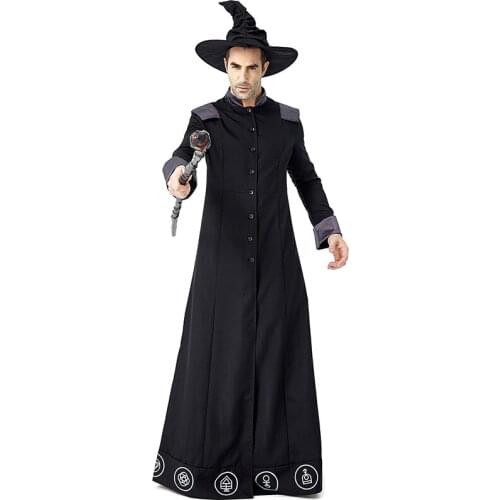 Adult Men Black Wizard Costume Halloween Dark Sorcerer Robe Religious Priest Cosplay Costume halloween costumes for men adult