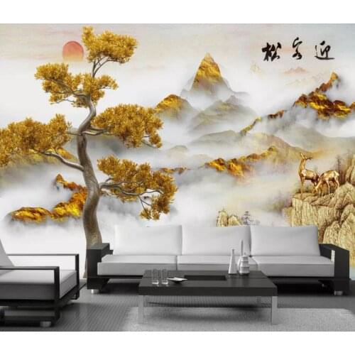 Creative abstract new Chinese style golden landscape greeting pine background wall decoration wallpaper murals