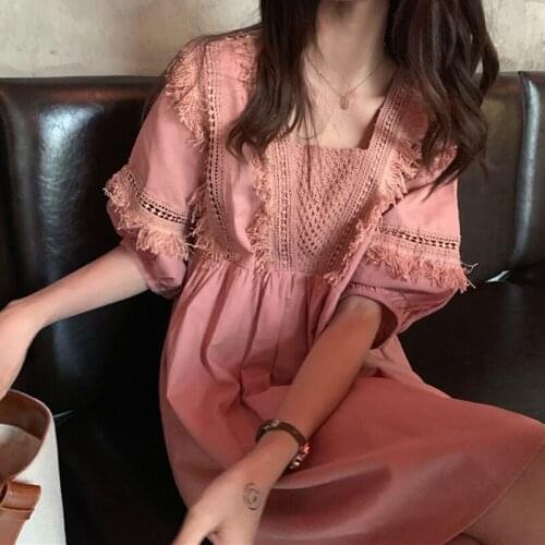 Summer Womens Dress Square Neck Lace Hollow Crochet Dress New 5-Point Sleeve Solid Vintage Fashion Short Hedging Dress Female