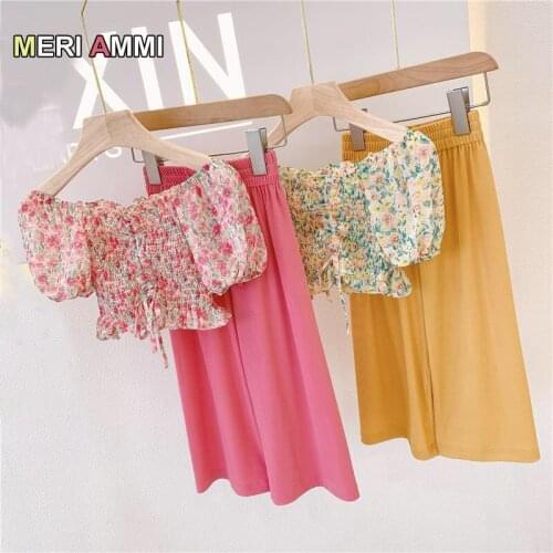 MERI AMMI 2 pcs Children Girl Clothing Outfit Set Short Floral Tee +Loose Pants for 4-13 Year Girl