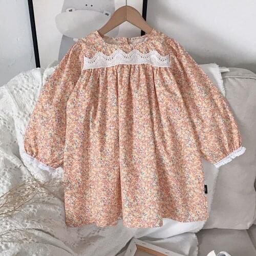 Korean Fashion Girls Clothing 2021 Autumn Flora Knee-length Dresses Cotton Loose Casual Children Birthday Party Dress Costume