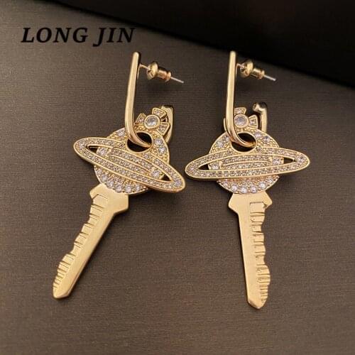 Silvery Full Fashion Zircon Gold Color Key Earrings For Women Universe Planet Earrings Jewelry Birthday Gift Valentines Day