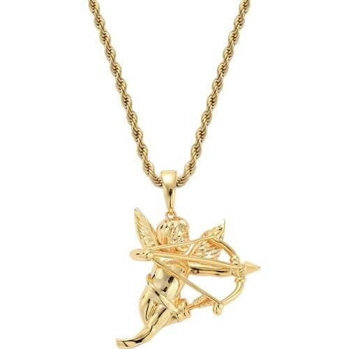 Hip Hop Bling Iced Out Gold Color Litter Angel Cupid Bow Arrow Pendants Necklace for Men Women Lover Jewelry Drop Shipping