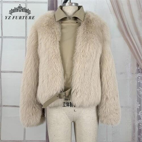 Womans Natural Real Fox Fur Coat Leather Lapel And Zipper Womens Warm Popular Long-Sleeved Short Coat 50 cm Long FC-414