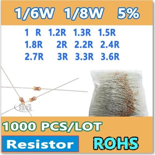 JASNPROSMA 1000PCS/LOT 5% 1/6W 1/8W 1R 1.2R 1.3R 1.5R 1.8R 2R 2.2R 2.4R 2.7R 3R 3.3R 3.6R carbon film DIP OHM Resistor