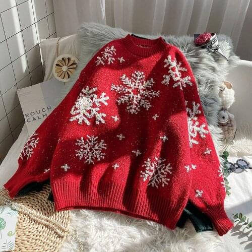 Christmas Snowflake Knitted Women Sweater And Pullovers Winter New Lantern Sleeved Thicken Warm Elegant Lady Pulls Outwear Coats