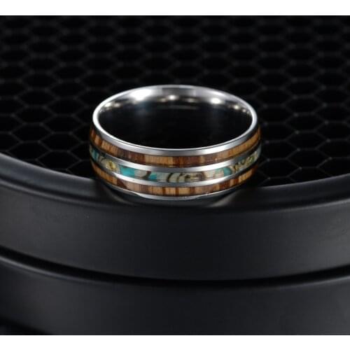 Silver color koa wood abalone inlay high polish 8mm width 100% genuine wedding band elegance tungsten carbide rings for men