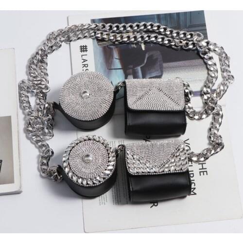 Rhinestone Fanny Packs Metal Wide Chain Double PU Leather Waist Packs Women Fashion Female Coin Money Chest Bag Messenger Bag