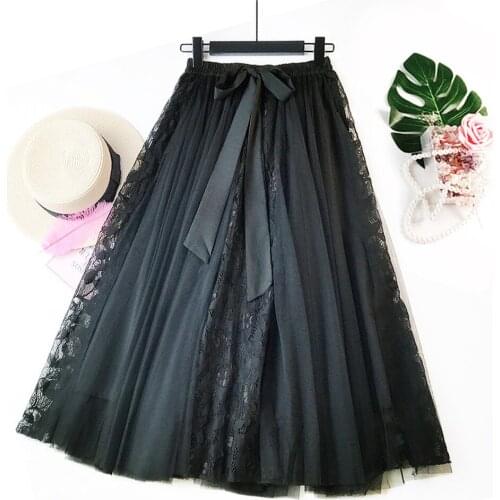 Elegant Large Swing Long Fashion Bows Solid Summer Free Size Women Skirt Tutu Mesh Lace Elastic Waist Casual