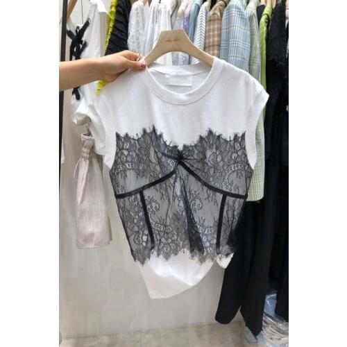 2021 Summer New Sweet Lace Patchwork O Neck Sleeveless T-shirt Women Slim All Match Top Casual Loose T-shirts