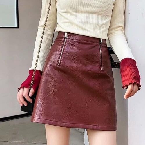 Wenfly Women Hot Sale High Waist PU Faux Leather Zipper Mini A-line Sheath Skirts Casual Office Elegance Korean