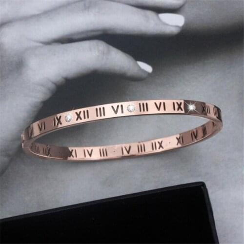 Fashion Opening Titanium Steel Bangles Crystal Rose Gold White Gold Bangles Roman Numerals Womens Bracelet Hot Sale