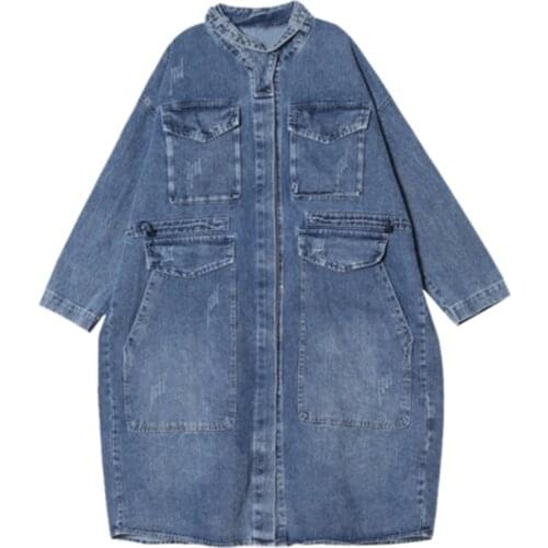 2020 Plus Size Women Outerwear Fashion Lady Demin Trench Coats Spring Autumn Long Sleeve Loose Cardigan Female Clothing m248