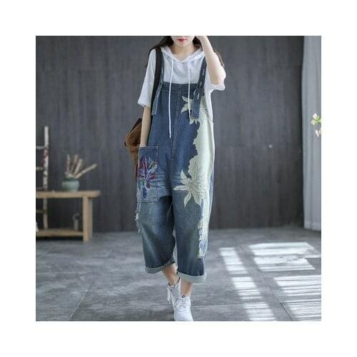 2021 Summer Denim Jumpsuits Women Retro Loose All-match Rompers Pants Leaves Print Pockets Casual Ripped Jeans Overalls Floral