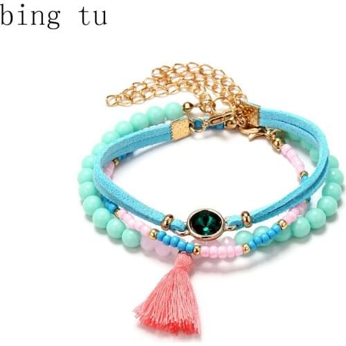 Bing Tu Ethnic Tassel Bracelet Multilayer Beaded Bracelets Woman Bohemian Jewelry 3 Layerd Suede Velvet Pendant Bangle bileklik