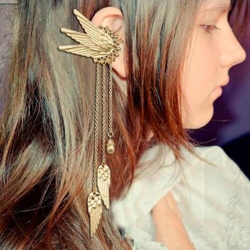 1 Pair Fairy Tail Elf Pixie Angel Wing Long Chain Tassel Ear Cuffs Ear Clip On Pinzas Earrings oorbellen Brincos Jewelry Costume