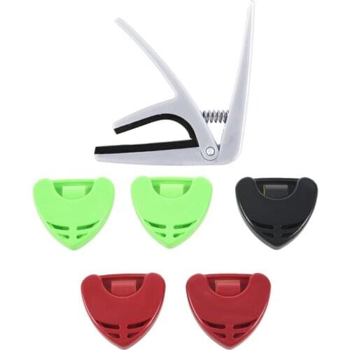 5Pcs Plastic Guitar Pick Holder Case & 1x Quick Change Trigger Capo Key Clamp Electric Classic Ukulele, 02 White