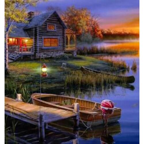 5D DIY Diamond Painting Square/Round Diamond Landscape Painting Lakeside House Picture Cross Stitch Mosaic Decoration WG2847