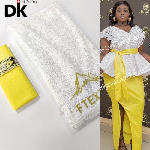 White And Yellow Bazin Riche Gextczer 100% Cotton Embroidered Swiss Voile Lace Material Flower Pattern For Indian Women Dry Lace