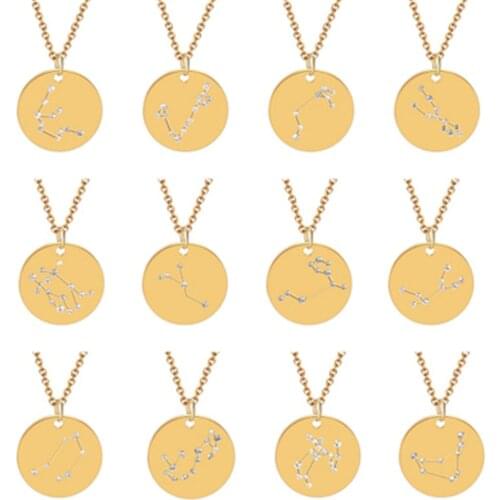 QIAMNI 12 Star Zodiac Constellation Signs Necklace Gold Astrology Disc Galaxy Horoscope Necklaces Women Men Party Birthday Gift
