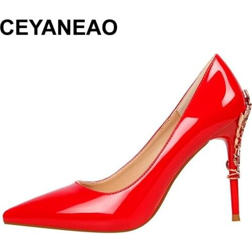 CEYANEAOWomen Shiny Pumps Patent Leather Asakuchi Single Shoes Metal Stilettos Fashion White Collar High Heels Ladies Dinner Par