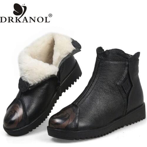DRKANOL Fashion Women Snow Boots 2021 Winter Wool Fur Ankle Boots High Quality Genuine Leather Cotton Boots Mother Warm Shoes