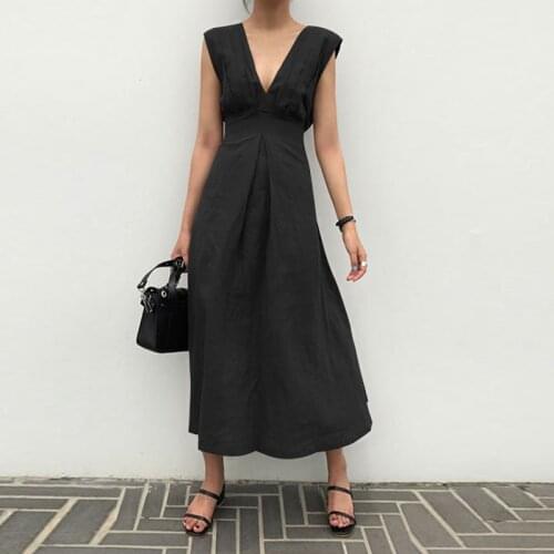 Elegant Solid Brown High Waist Women Dress Sleeveless Casual Loose A-line Dresses Zipper Black Pleated Dress Vestidos 2021