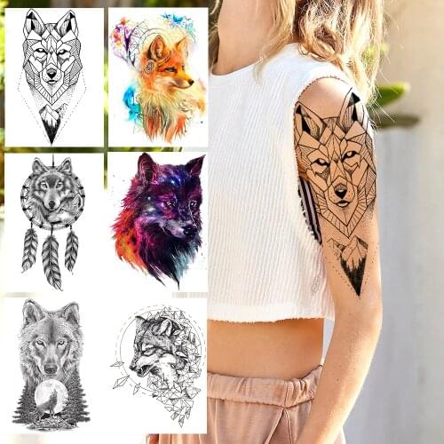 Geometric Mountain Wolf Tattoos For Men Women Flash Fox Tempporary Tattoo Stickers Dreamcatcher Dimond Wolf Body Art Arm Tatoos