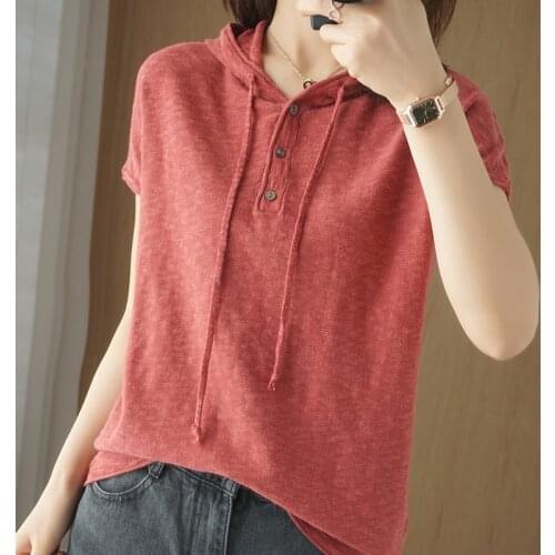 Cotton Linen Knitted Hooded Women T-Shirts Summer New 2021 Solid Short-Sleeved Solid Casual Female Pulls Outwear Tops Tees