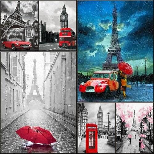 Black And White With Red Canvas Painting By Numbers Landmark Builiding In Paris Red Umbrella On Street Wall Art Home Decor Gift
