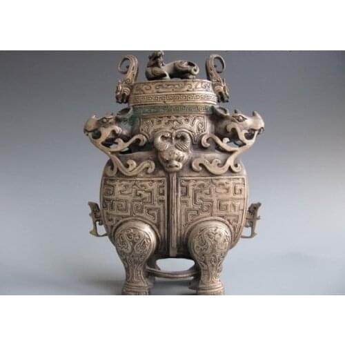 Chinese Classic Silver Evil beast Bull Ox Head God Zun flask Crock Pot Vase