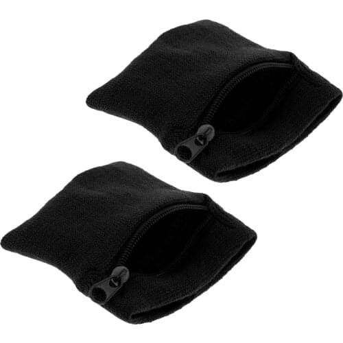 2 Pieces Sports Wristbands Sweatband Wallet Zipper Pocket - Black