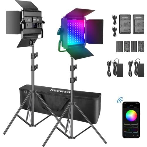 Neewer 2 Packs P200 RGB LED Video Light Battery Kit - RGB Light Preset 9 Scenes with U-Bracket/Barndoor/LCD Display/for YouTube