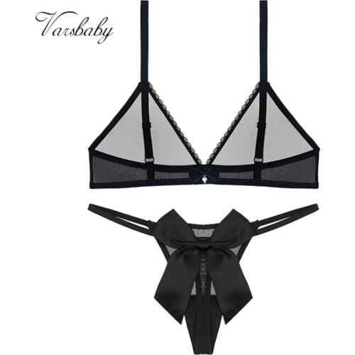 Varsbaby big bow soft mesh sexy unlined thong see-through underwear breathable lightweight bra set