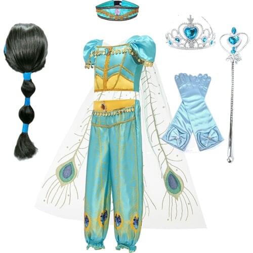 Jasmine Costume for Girls Arabian Sequined Princess Dress Up Summer Cosplay Aladdin Classic Children Christmas Party Clothing