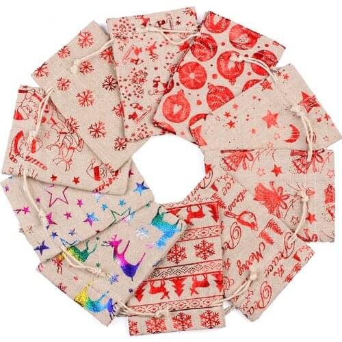 10PCS Christmas Theme Drawstring Natural Burlap Bag Reusable Jute Gift Bags Multi Size Jewelry Packaging Storage Wedding Candy