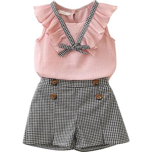 Fashion Toddler Girls Summer Clothing Set Kids Clothes Chiffon Bow Vest Tops+Plaid Shorts Two-Piece Suit