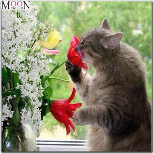 MOONCRESIN Diy Diamond Painting Cross Stitch Cat Kiss Flower Animals Diamond Mosaic Full Round Diamond Embroidery Decoration Kit