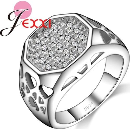 Retro Rings For Men Hollow Out Full Clear Micro Crystal Stamped 925 Sterling Silver Engagement Party Rings For Women