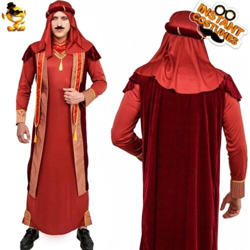 Men Halloween Cosplay Arab Sheikh Costume Adult Dress Up Fashionable Deluxe Arab Prince Robe with Headpiece Suits for Mens Set