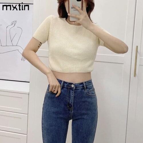 MXTIN 2021 Women Summer Vintage Solid Cropped Pullover Knitted Sweater Fashion O-Neck Short Sleeve Back Strap Slim Chic Tops