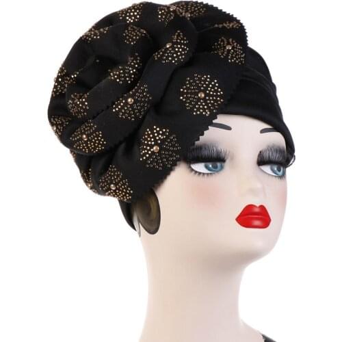 Helisopus Luxury Muslim Turban Women Shiny Glitter Oversized Flower Hijab Head Cover Beanie Chemo Cap Ladies Hair Accessories