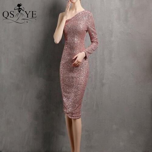 One Shoulder Pink Evening Dress Glitter Sheath Prom Gown Sexy Long Sleeves Party Dress Ruched Short Women Pink Formal Dress